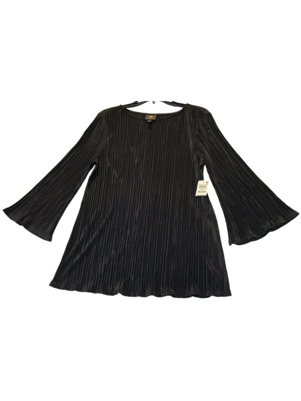 JM Collection Womens Medium Pleated Top Black Stretchy Bell Sleeve